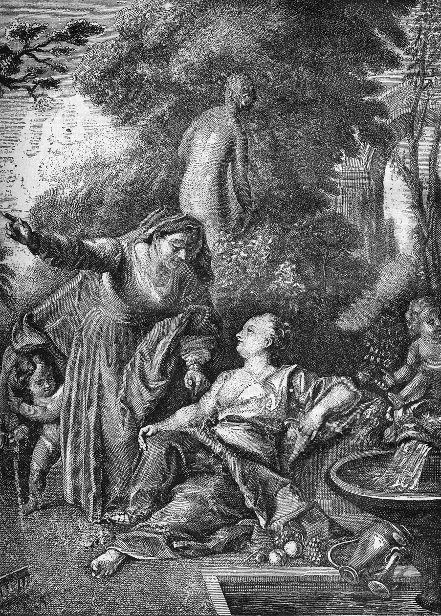 Ze starých nevěstek se stal dohazovač (zásobování). Rytina do „Historie prostituce a zhýralosti u národů zeměkoule od starověku po současnost““ od Dr. Th.-F. Debray. 1879. od French School