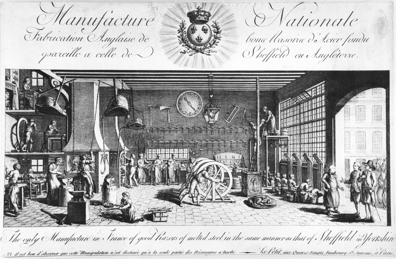 Jediná výroba dobrých břitev z roztavené oceli ve Francii stejným způsobem jako v Sheffieldu v Anglii, Yorkshire, konec 18. století (viz také 248212) od French School