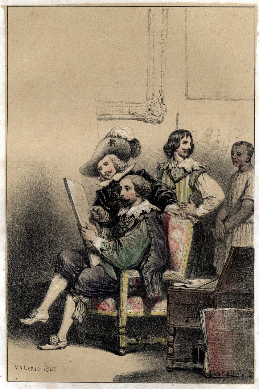 Malíř Diego Velasquez (1599-1660) přivítal ve svém ateliéru Pierra Paula (Pierre-Paul) Rubense (neboli Petera Paula či Petruse Pauluse) (1577-1640). Deska převzata z rytiny „“Scenes de la vie des hommes slavný“““ ve dvou odstínech od Valeria. 1843. od French School