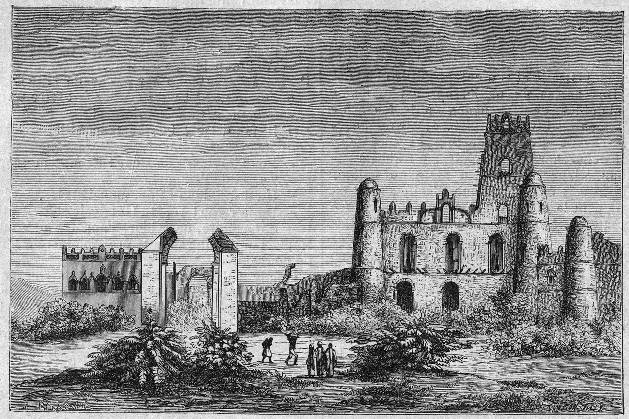 Palác Negousů (Negus) neboli králů Etiopie v Gondaru. Rytina z roku 1896 v „“L