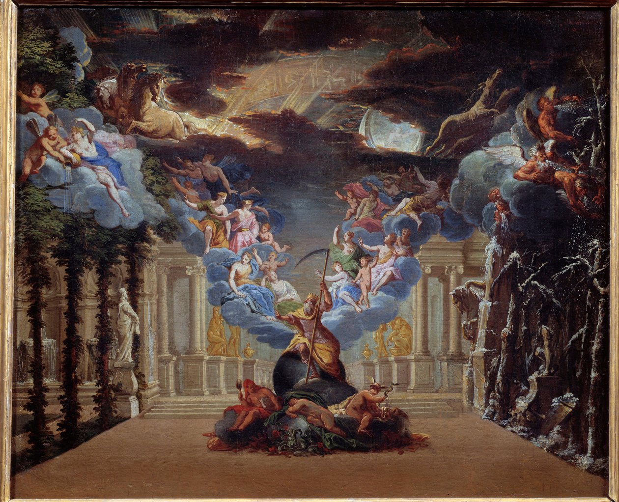 Palác času, výzdoba prologu „Atys“ od Jean Baptiste Lully (Giovanni Battista Lulli) (1632-1687) vytvořený v roce 1676 jsou zastoupeny myhologické postavy jako Merkur, Hermes. Anonymní obraz francouzské školy 17. století. Paříž od French School