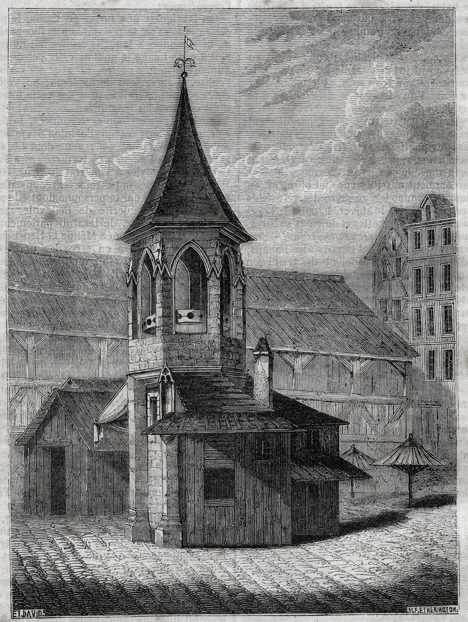 Pranýř v halách v 18. století, postavený na starém hřbitově Nevinných - rytina v „Fyzické, občanské a morální historii Paříže: od nejstarších historických dob po současnost“ od Jacquese Antoina Dulaure od French School