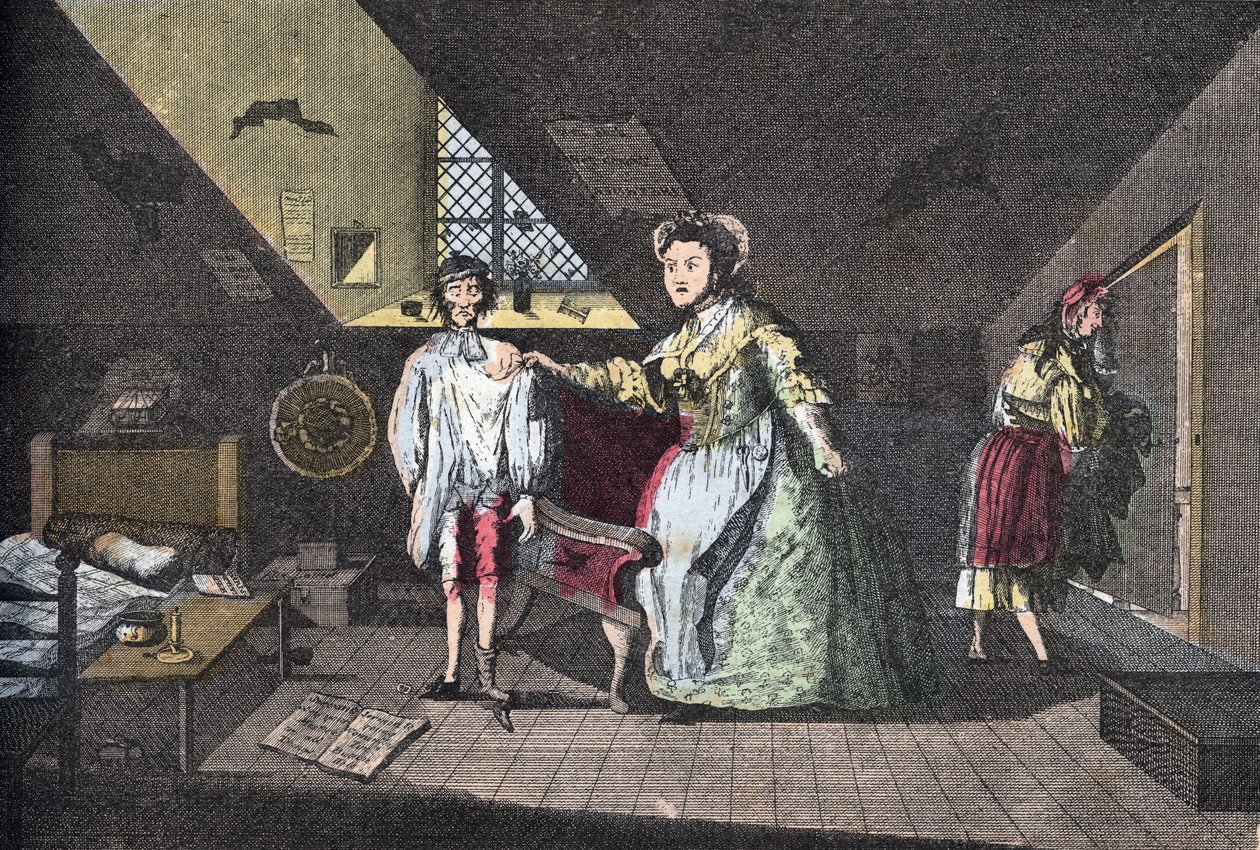 Zbožný krejčí přistižen při cizoložství. Rytina zelí z roku 1768 v „“ Lire Et Galanterie““. Týdenní sbírka Galantes Images na směr John Grand-Carteret. 1903-1904. od French School
