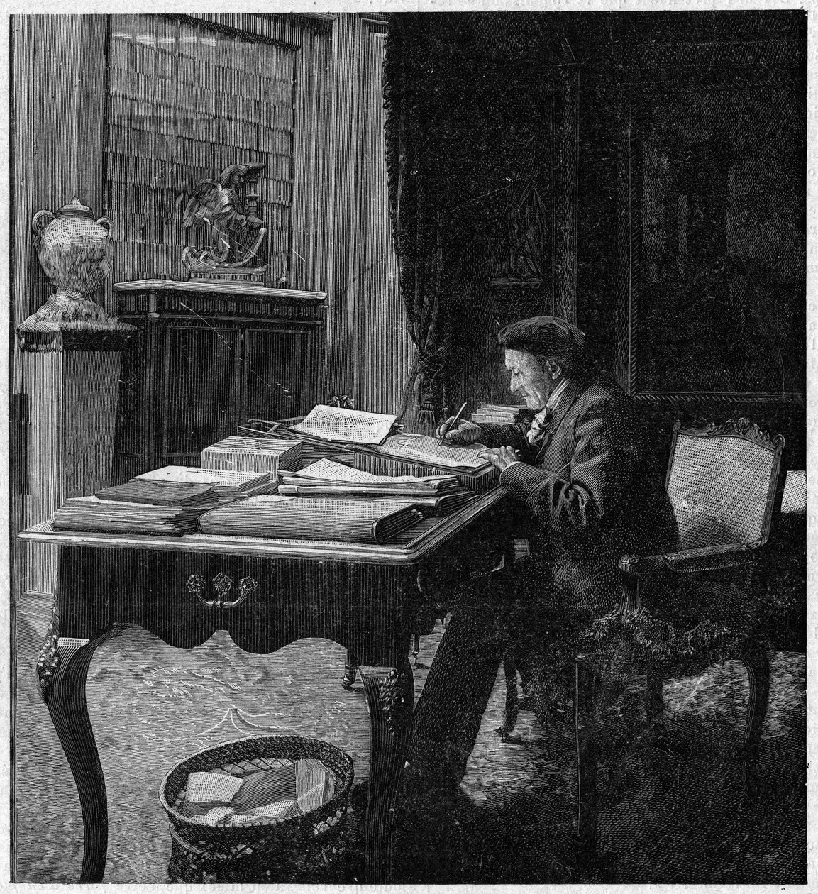 Dramatik viktoriánský Sardou (1831-1908) ve své kanceláři. Rytina v „La gazette du dimanche““ z 2. ledna od French School