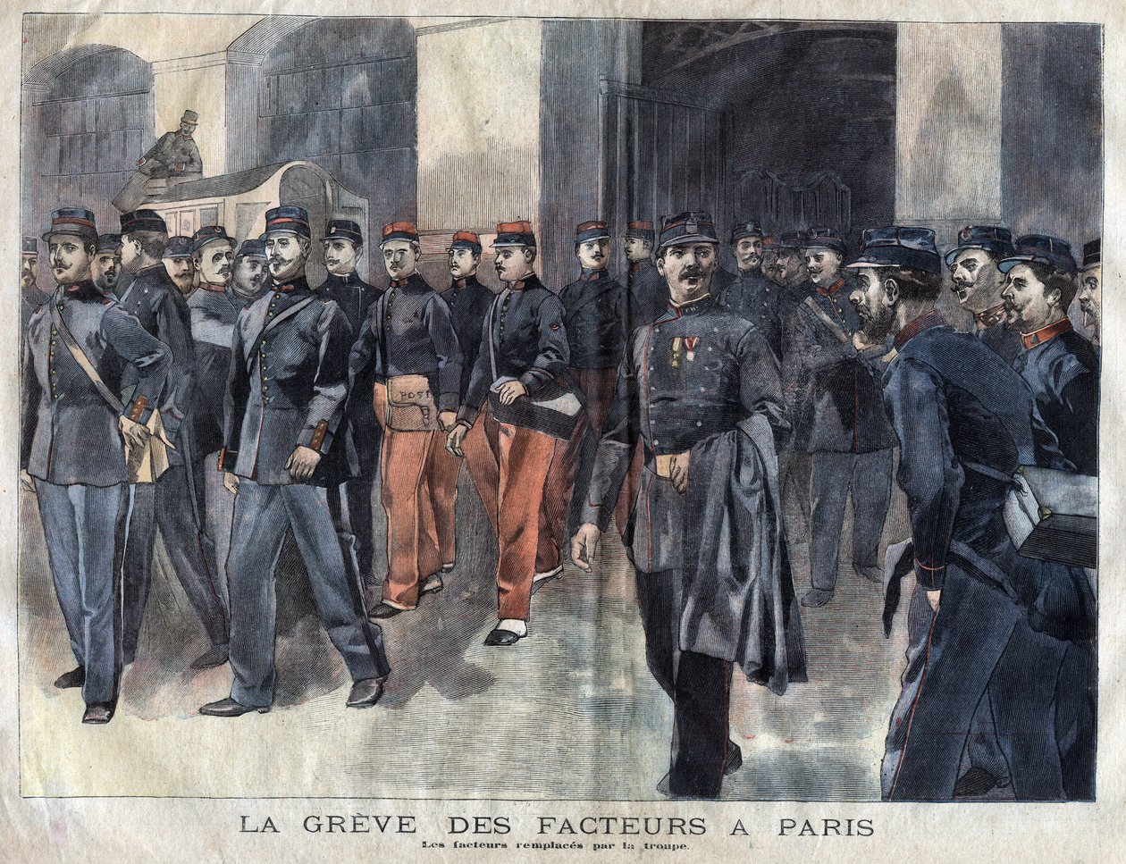 Stávkují pošťáci: vojáci a obecní strážci pověřeni distribucí dopisů v Paříži. Rytina z roku 1899 v „“La petite Gironde““ od French School