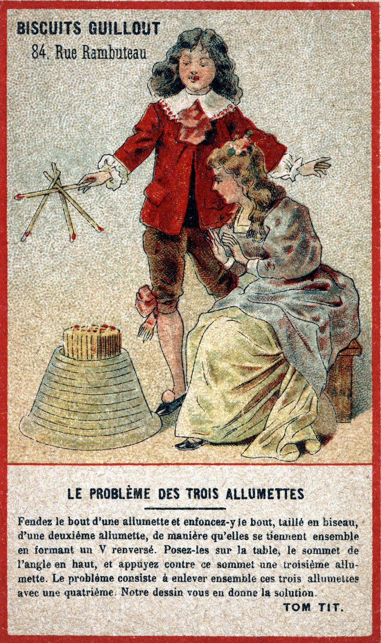 Problém tří zápasů: dětská karta nabízející hru ve formě hádanky (hádání). Chromolitografie 19. století. od French School