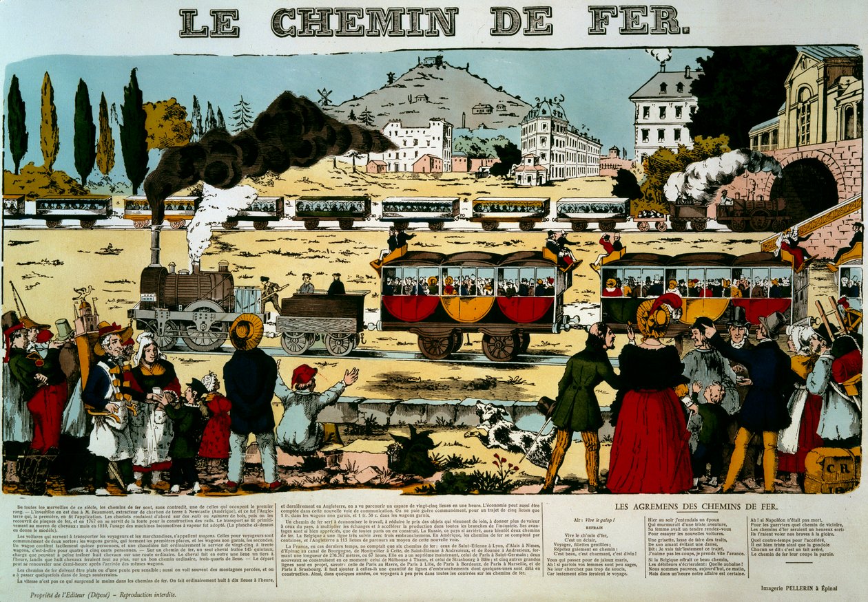 Železnice. Cestující ve vagonech přivítal dav diváků na scéně. Rytina. Obrázek Epinal od French School