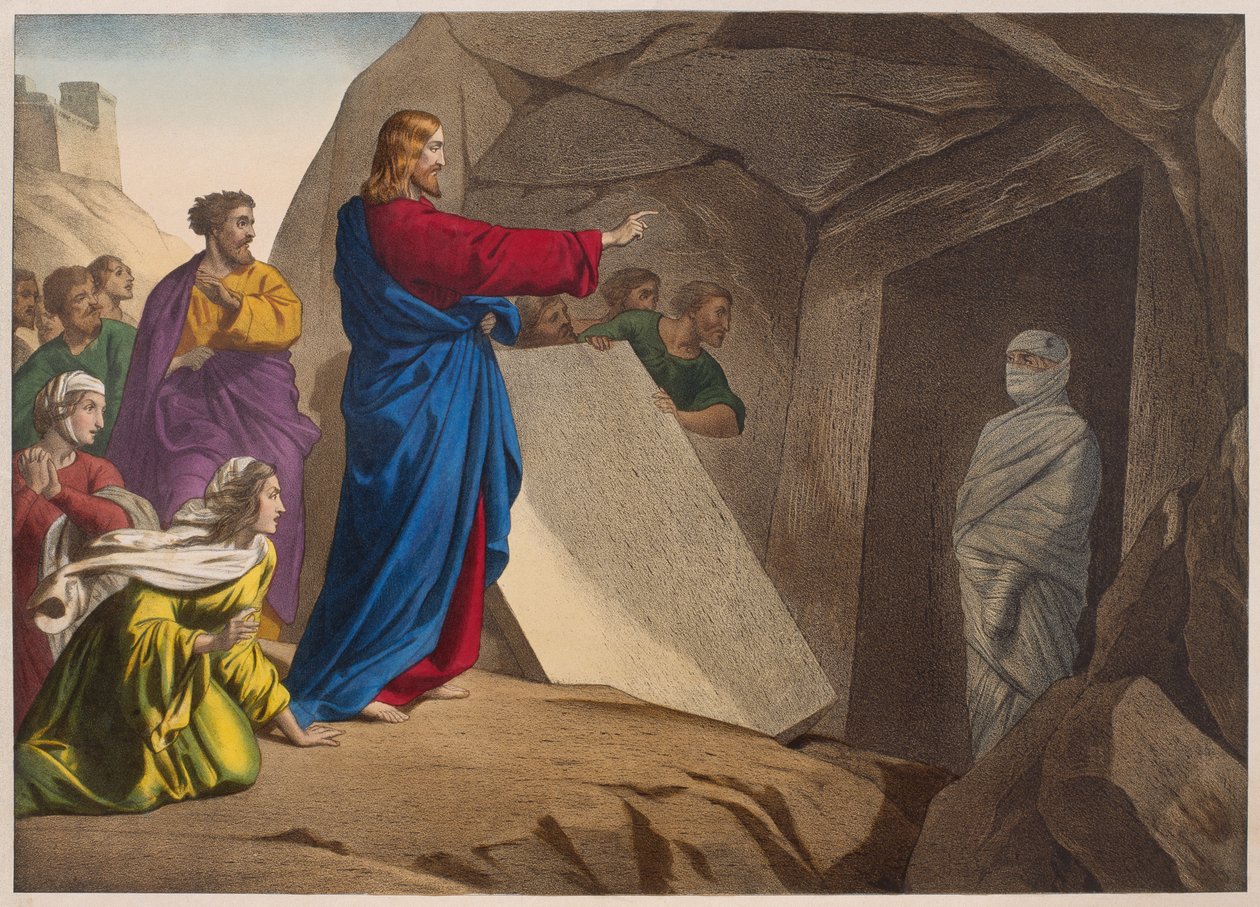Vzkříšení Lazara, ilustrace z katechismu LHistoire Sainte, vydal Charles Delagrave, Paříž, konec 19. století od French School