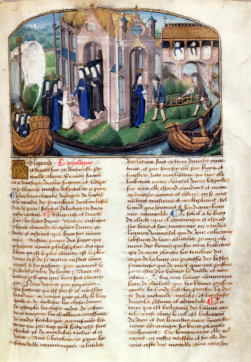 Přijetí novice a přivítání pacienta, z knihy Le Livre de Vie Active de lHotel Dieu de Paris od Jeana Henryho, asi 1482 (viz také 236790) od French School