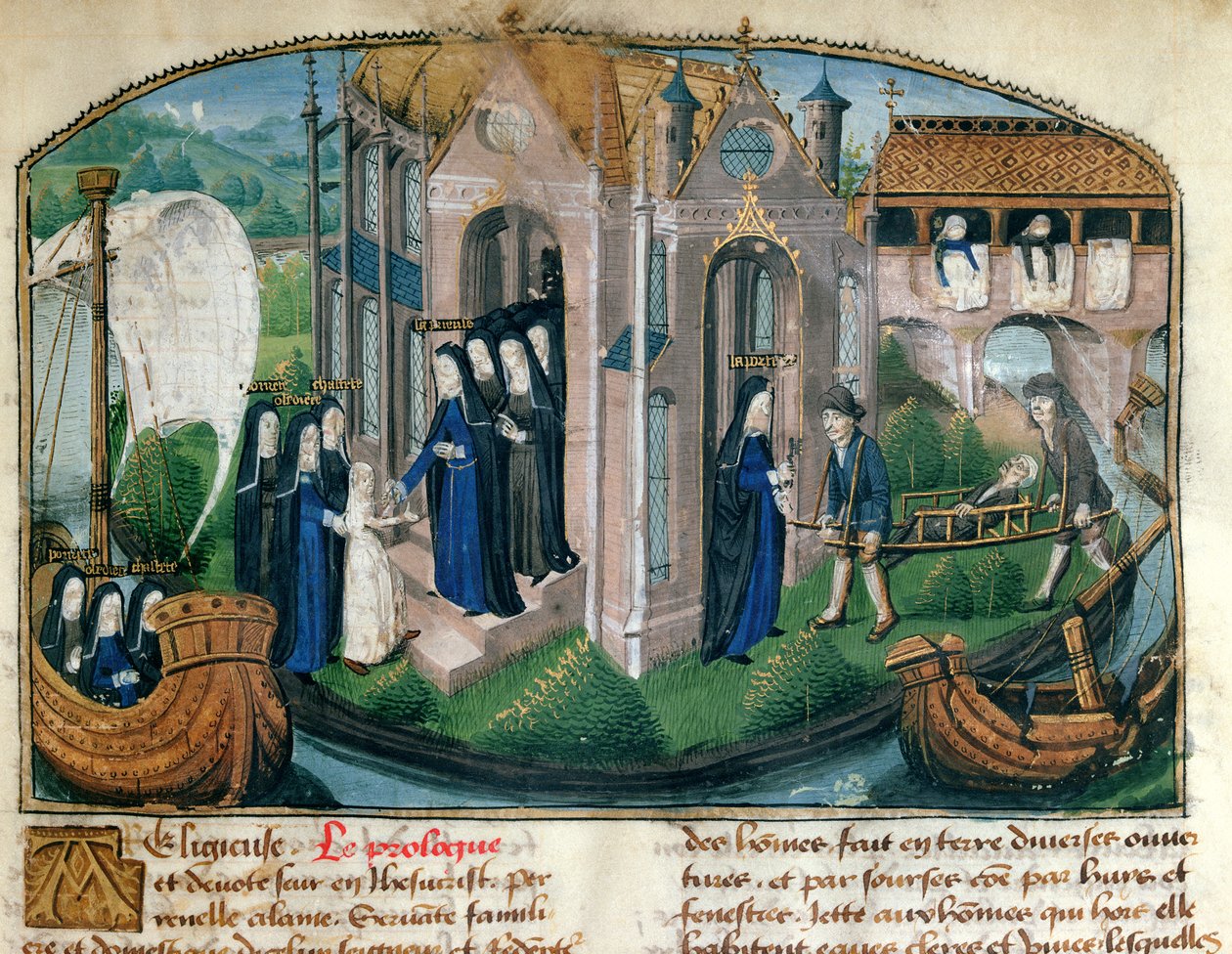Přijetí nováčka a přivítání pacienta z "Le Livre de Vie Active de l"Hotel Dieu de Paris" od Jeana Henryho, kolem roku 1482 od French School