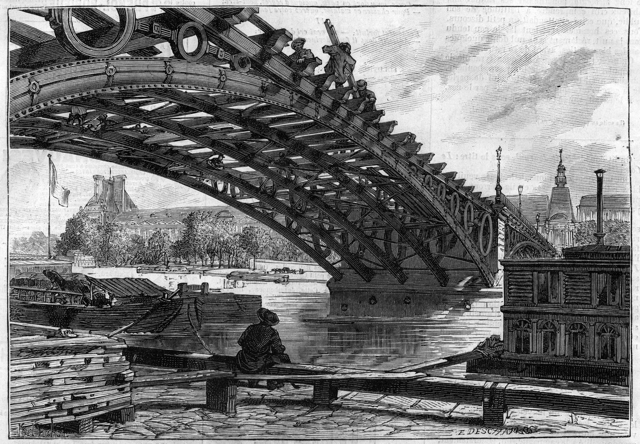 Odraz paluby mostu Saints Peres (Pont du Carrousel) v roce 1883 (Saints-Peres) - rytina v „“Le journal llustrious““ od French School