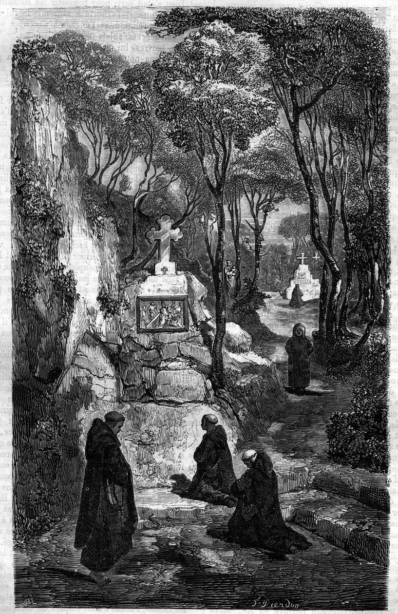 Řeholníci svatého Benoita (Saint Benoit) v modlitbě. Rytina v „Historie papežů-králů-královen a císařů v průběhu staletí““ od Maurice Lachatre od French School