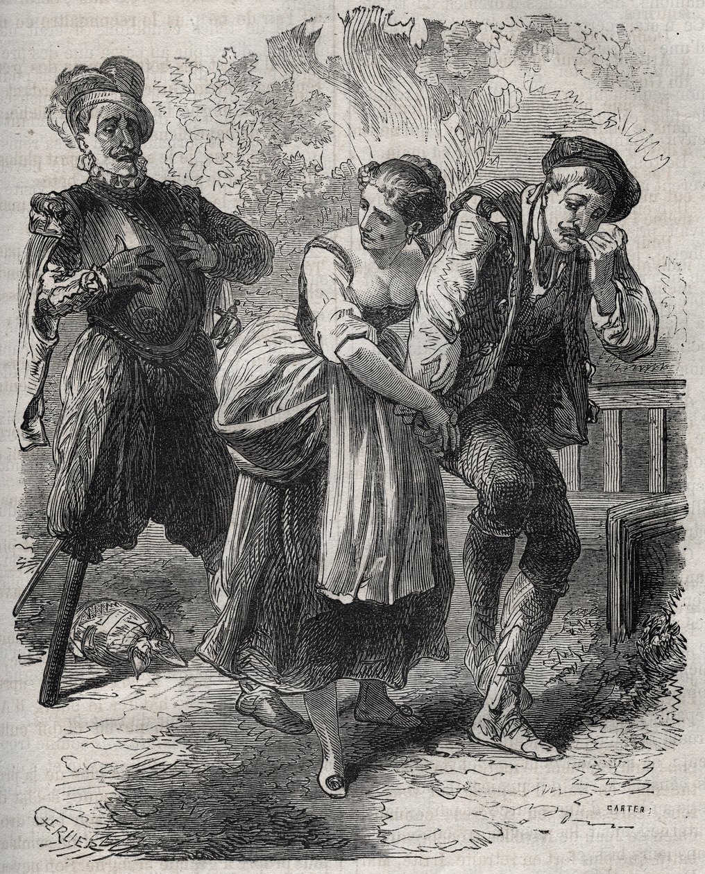 Návrat Martina Guerra (kolem roku 1524 kolem roku 1560): předstoupil před svou ženou Bertrande de Rols a před tou, která si uzurpovala jeho identitu, podvodníkem Arnaudem du Tilh (Thil). Rytina z roku 1871 v „Histoire Des Cocus Celebres““ od Henryho de Koc od French School