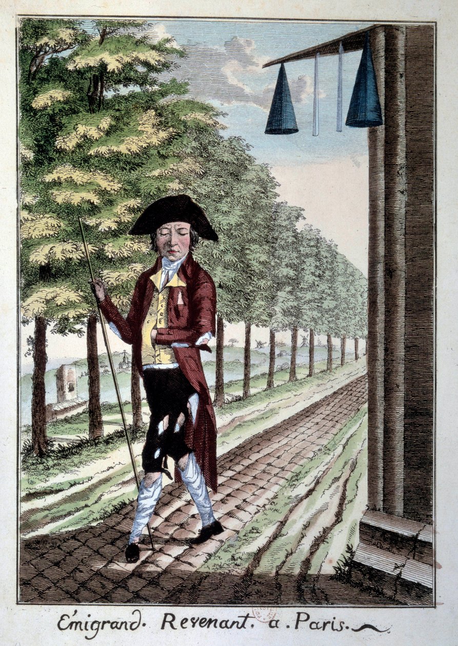 Návrat emigranta na konci Francouzské revoluce. Šlechtický roztrhaný oděv, který během revoluce uprchl z města. Rytina z Paříže 19. století, Musee Carnavalet od French School
