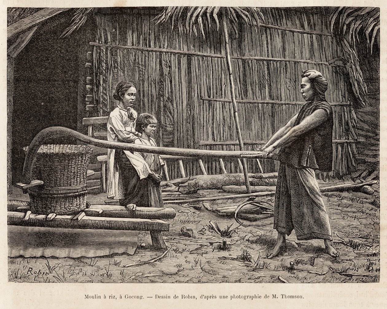 Mlýn rýže, před farmářským domem v Gocongu, rytina podle kresby od Robina ilustrující cestu do Cochinchine, od doktora Morice, v roce 1872, publikovaná v „“Le tour du monde“““ 1875, editoval Edouard Charton, Edice Hachette, Paříž. Selva od French School