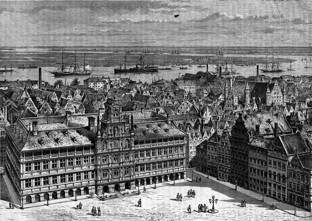 Řeka Scheldt při pohledu z přístavu Antverpy, Belgie. Rytina v „Le Journal de la jeunesse““ od French School