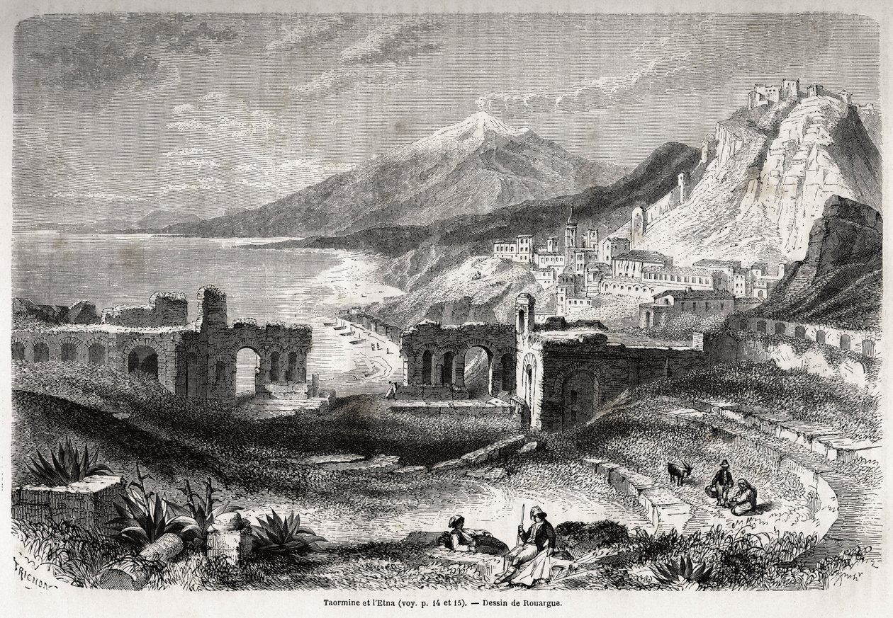 Ruiny starověkého divadla Taormina (Tauromenium), na úpatí hory Taurus, s výhledem na moderní vesnici Giardini a Etnu, kresba Adolphe Rouargue (1810-187?) a Emile Rouargue (asi 1795-1865) pro ilustraci Felixe Bourquelotova hodina od French School