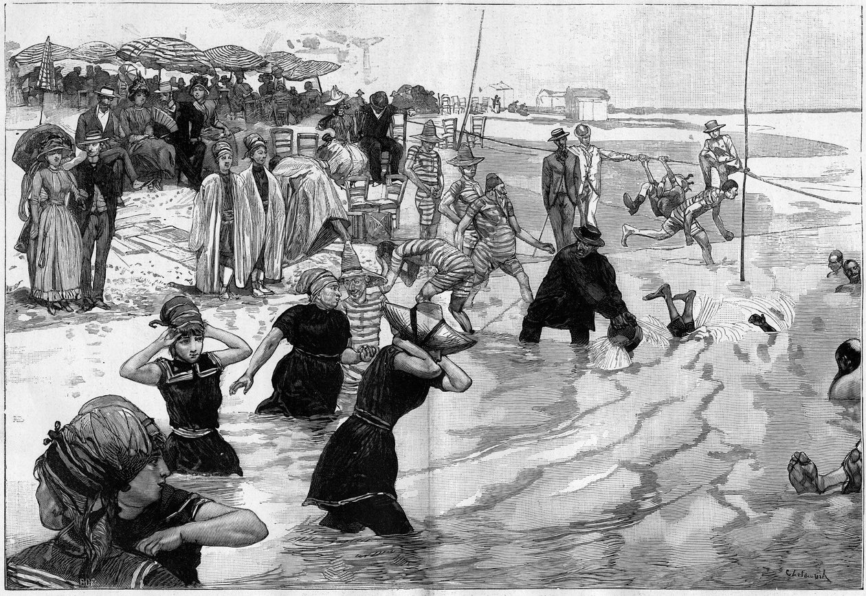 Mořské lázně v době klisny na pláži v Normandii ve Francii v „“Le Monde Illustré““ od French School