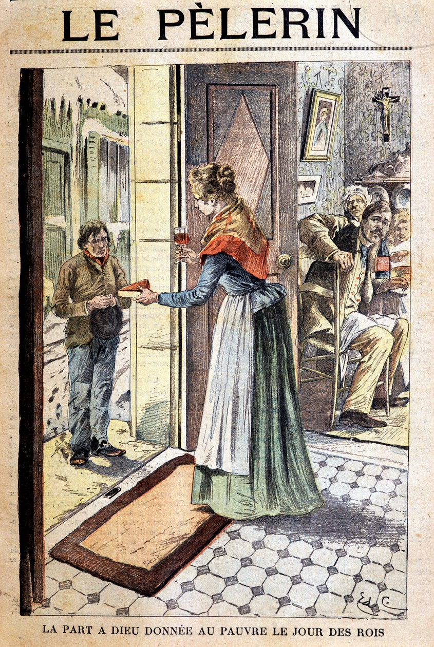 Boží podíl daný chudým v den králů - v „Le Pelerin“, deb. 20. s. (rytina) od French School