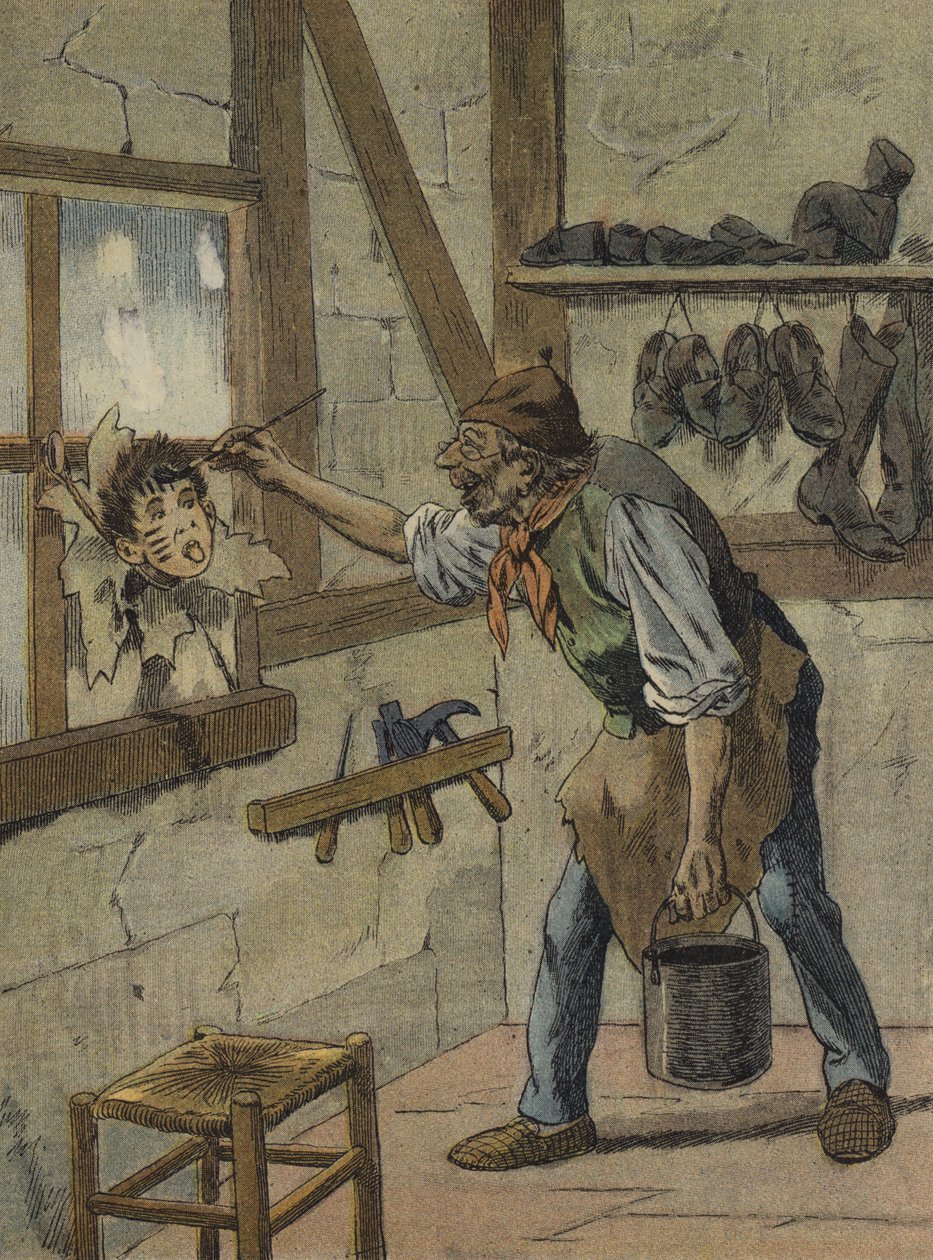 Švec vyznačil hodiny na postavě malého Jeannota (barevná litografie) od French School