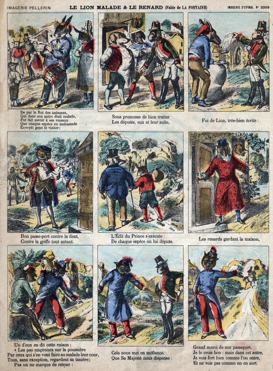 Nemocný lev a liška. Bajky Jean de La Fontaine (1621-95). Epinal zobrazování z konce 19. století. od French School