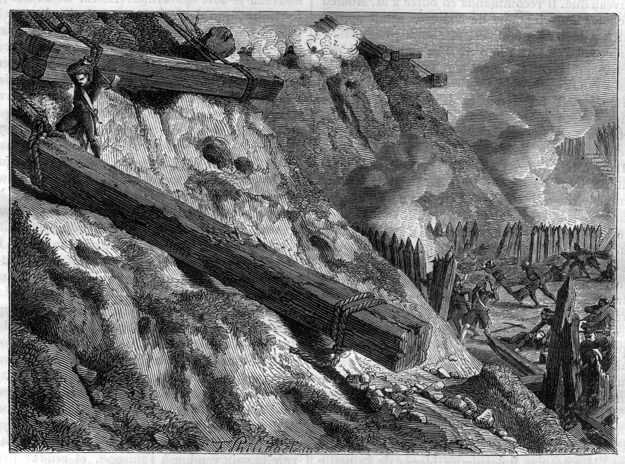 Obléhání Dantzigu (dnešní Gdaňsk) 19. března 1807 během války čtvrté koalice - Hrdinský čin lovce Francoise Valleho během obléhání Dantzigu - v „Historie říše po historii konzulátu“ od Adolf Thier od French School
