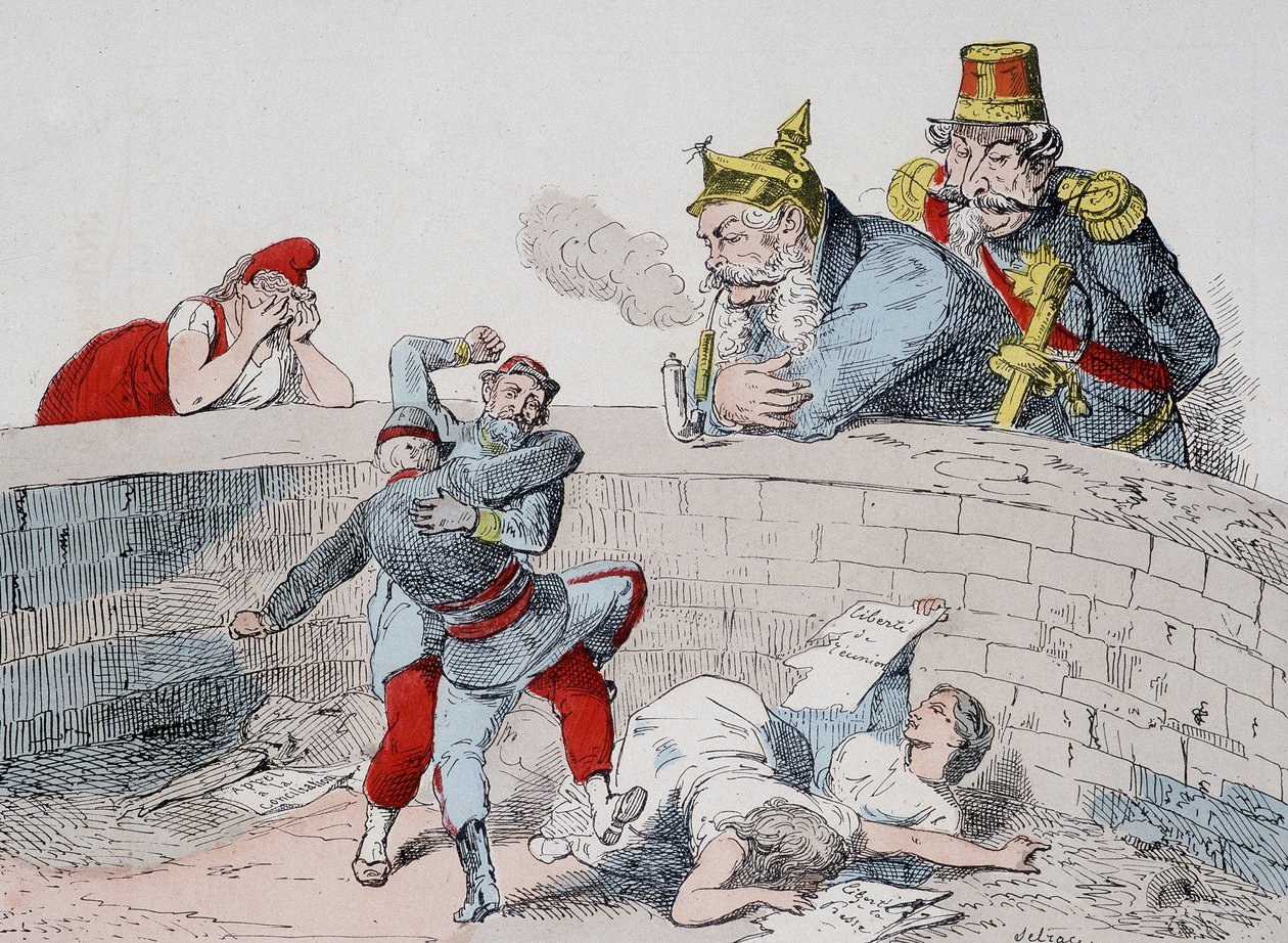 Situace - Gauillaume: Musíme pomáhat šíleným lidem, Badingue (Napoleon III): Nechte je udělat můj bratr, bude čas zasáhnout, až se (Pařížané) pohltí. Karikatura o Komuně. od French School