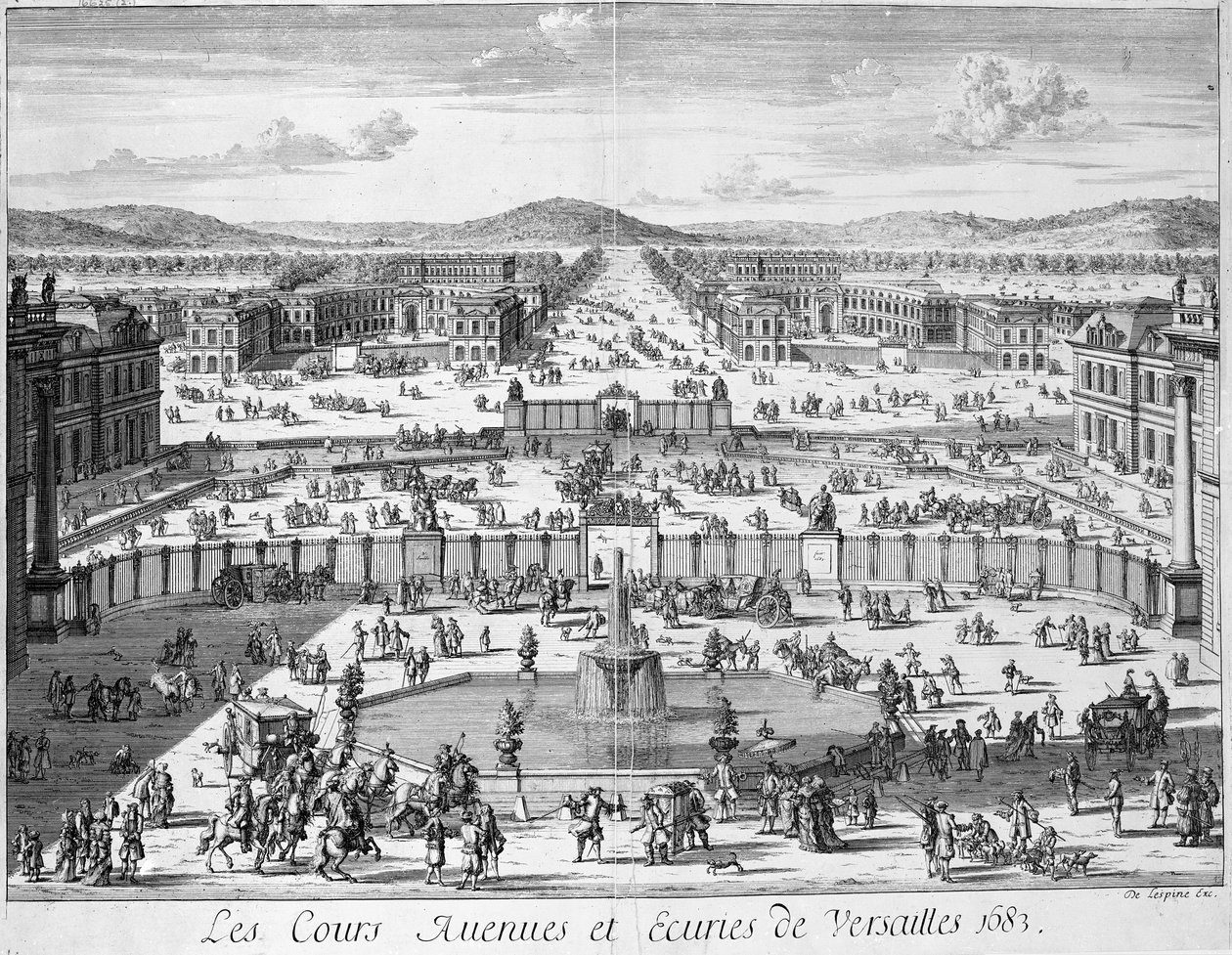Stáje a brány Versailles při pohledu z paláce, 1683 od French School