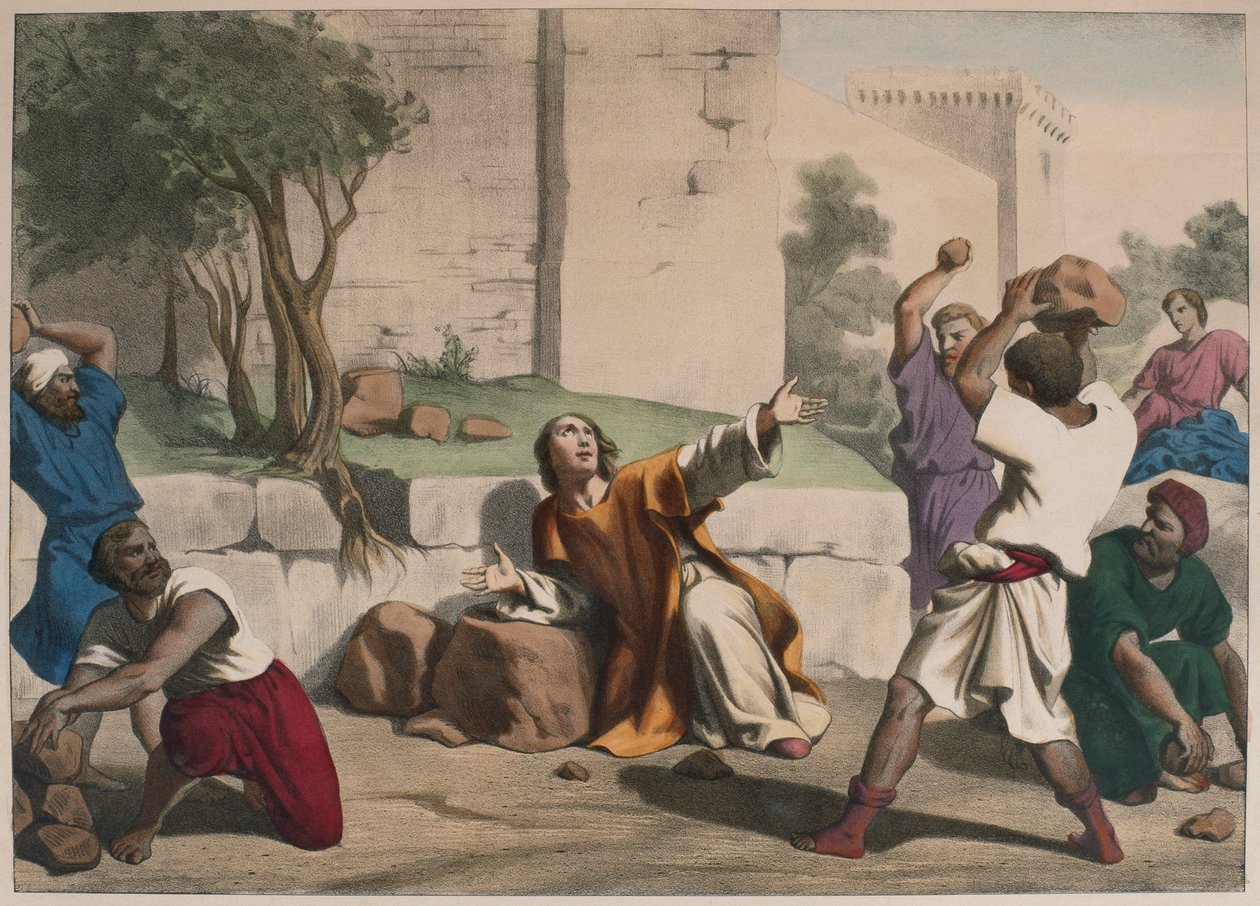 Kamenování sv. Štěpána, ilustrace z katechismu LHistoire Sainte, vydal Charles Delagrave, Paříž, konec 19. stol. od French School