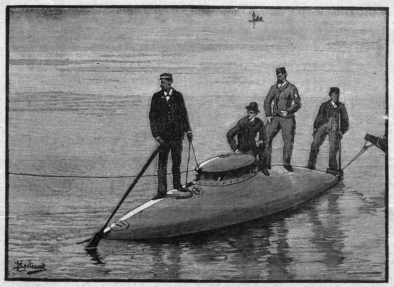 Ponorka přelétla prázdnou „Goubet“, nadnášela se a nesla čtyři muže. Rytina v „La gazette du dimanche““ z 28. listopadu 1895. od French School