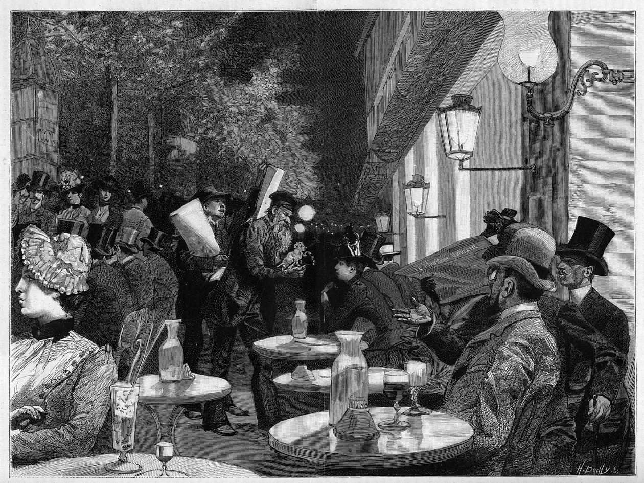 Terasa kavárny Boulevard o půlnoci v Paříži. Gravírování v „The Illustrous World““ od French School
