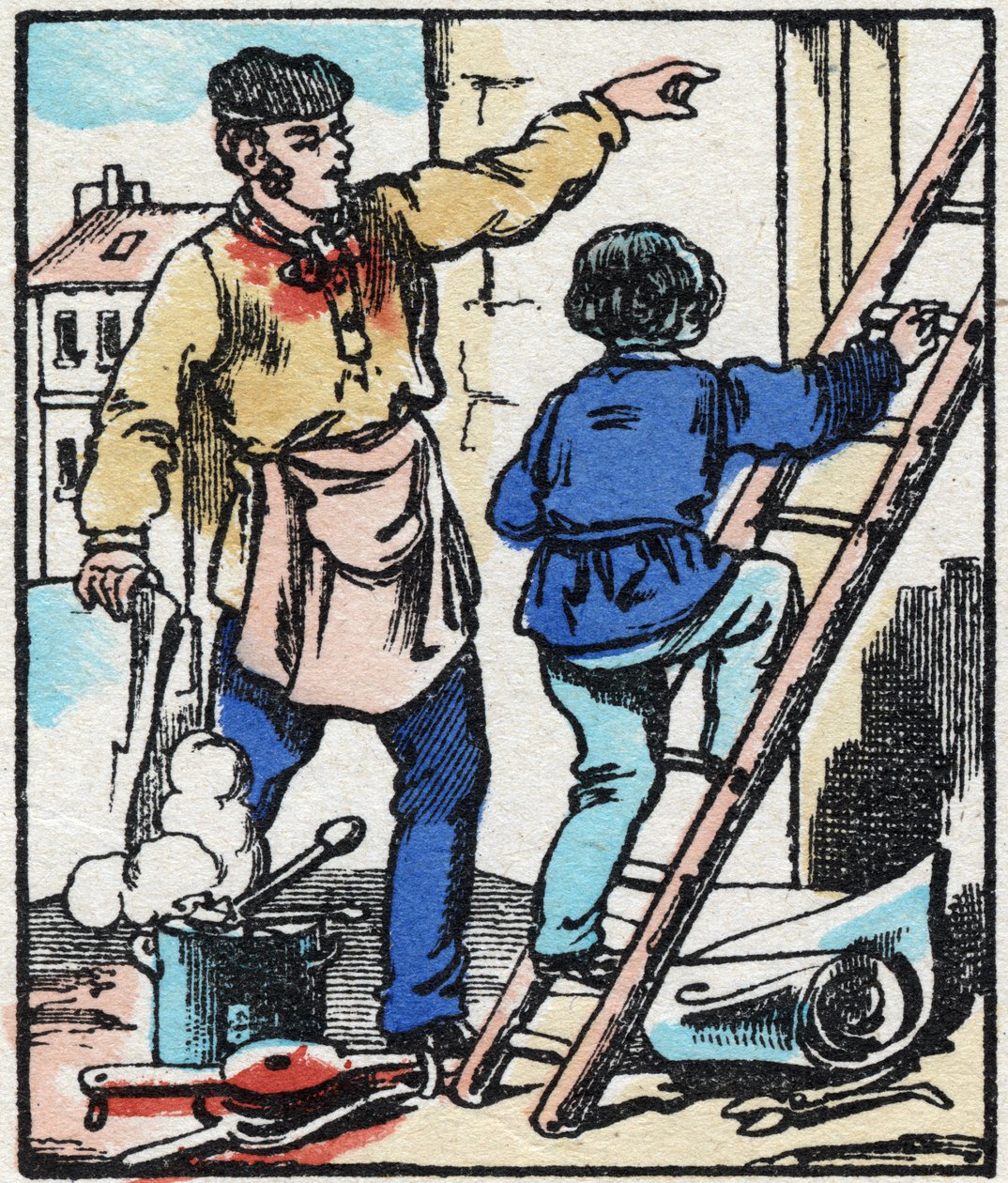 brnění. Rytina „“ La chanson des metier““. Epinal imaging, konec 19. století. Soukromá sbírka od French School