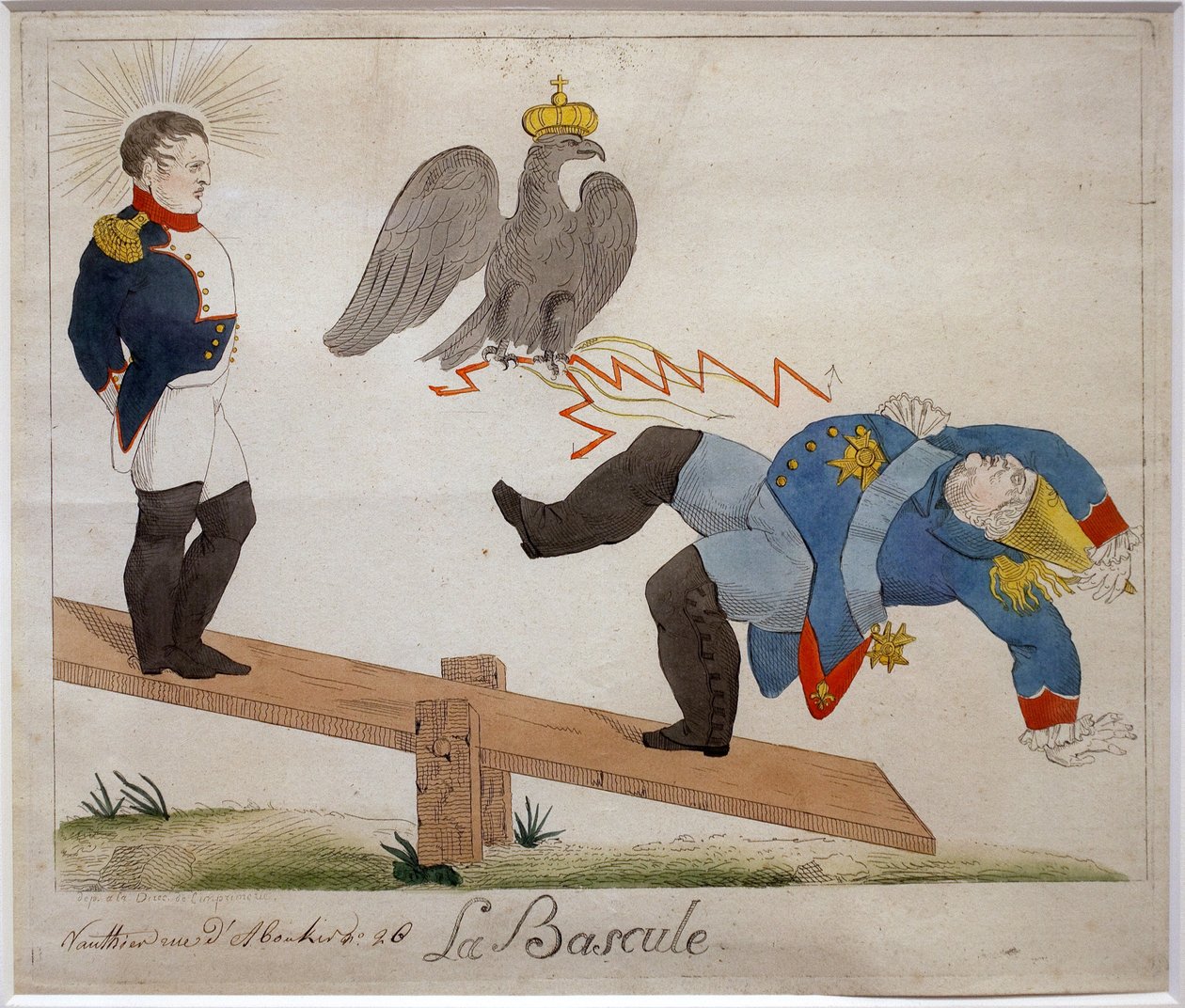Přepínač. Portrét Napoleona Bonaparta (1769-1821) stojícího na houpacím prkně, dívajícího se, jak jeho nepřítel padá, odstřelený orlí korunou. Kreslená pohádka. Eau forte, počátek 19. století, Francie. Napoleonské muzeum, Antibes. od French School