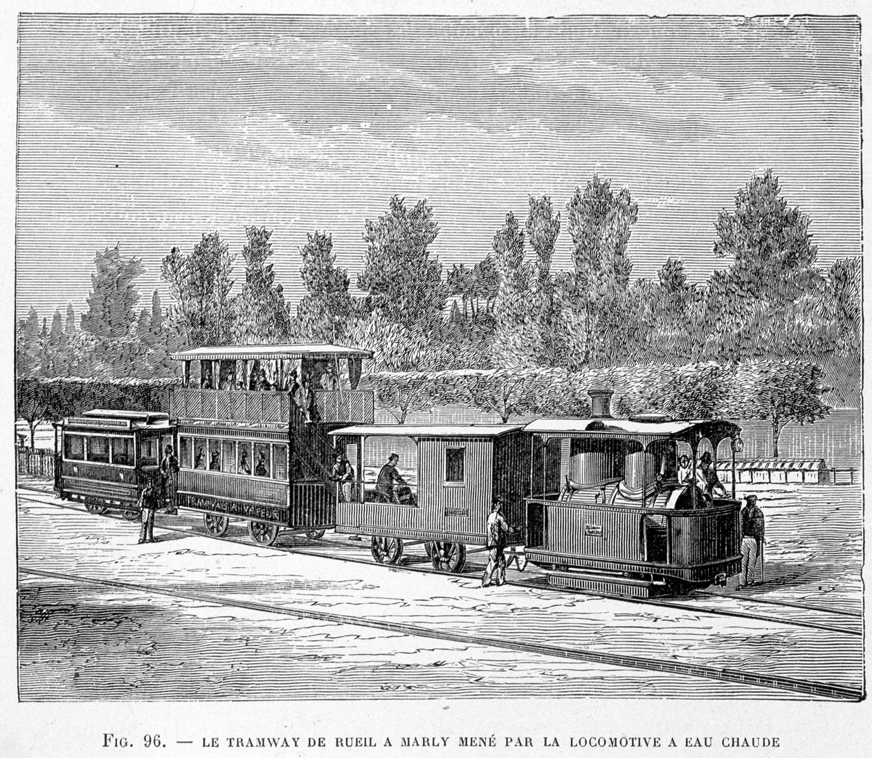 Tramvaj z Rueil do Marly, vedená horkovodní lokomotivou - v „Nových výdobytcích vědy“ od Louise Figuiera od French School