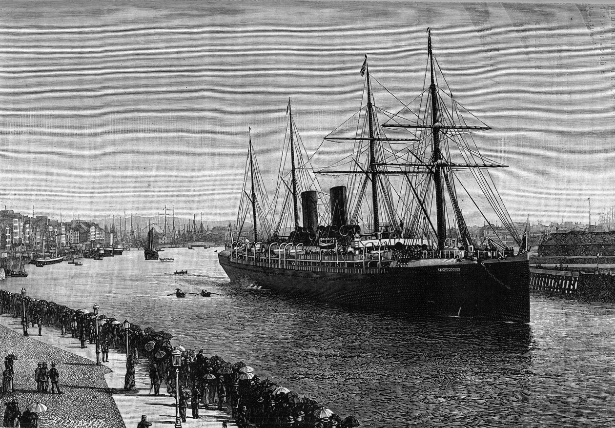 Transatlantická loď „“ La Gascogne““ v přístavu Le Havre v roce 1887. Rytina v proslulém časopise „“ La jeunesse““ od French School