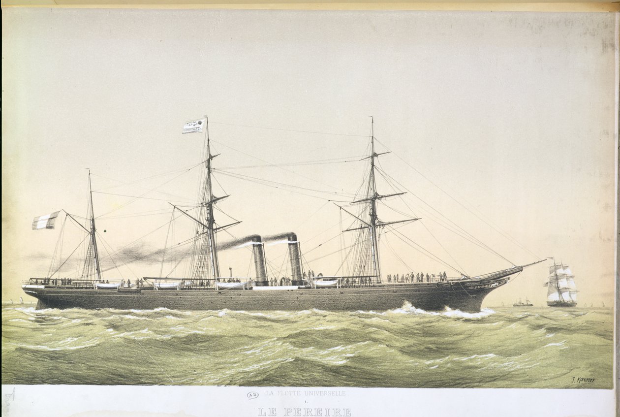 Transatlantická pádlová parník Le Pereire křižující z Le Havru do New Yorku, kolem roku 1860 od French School