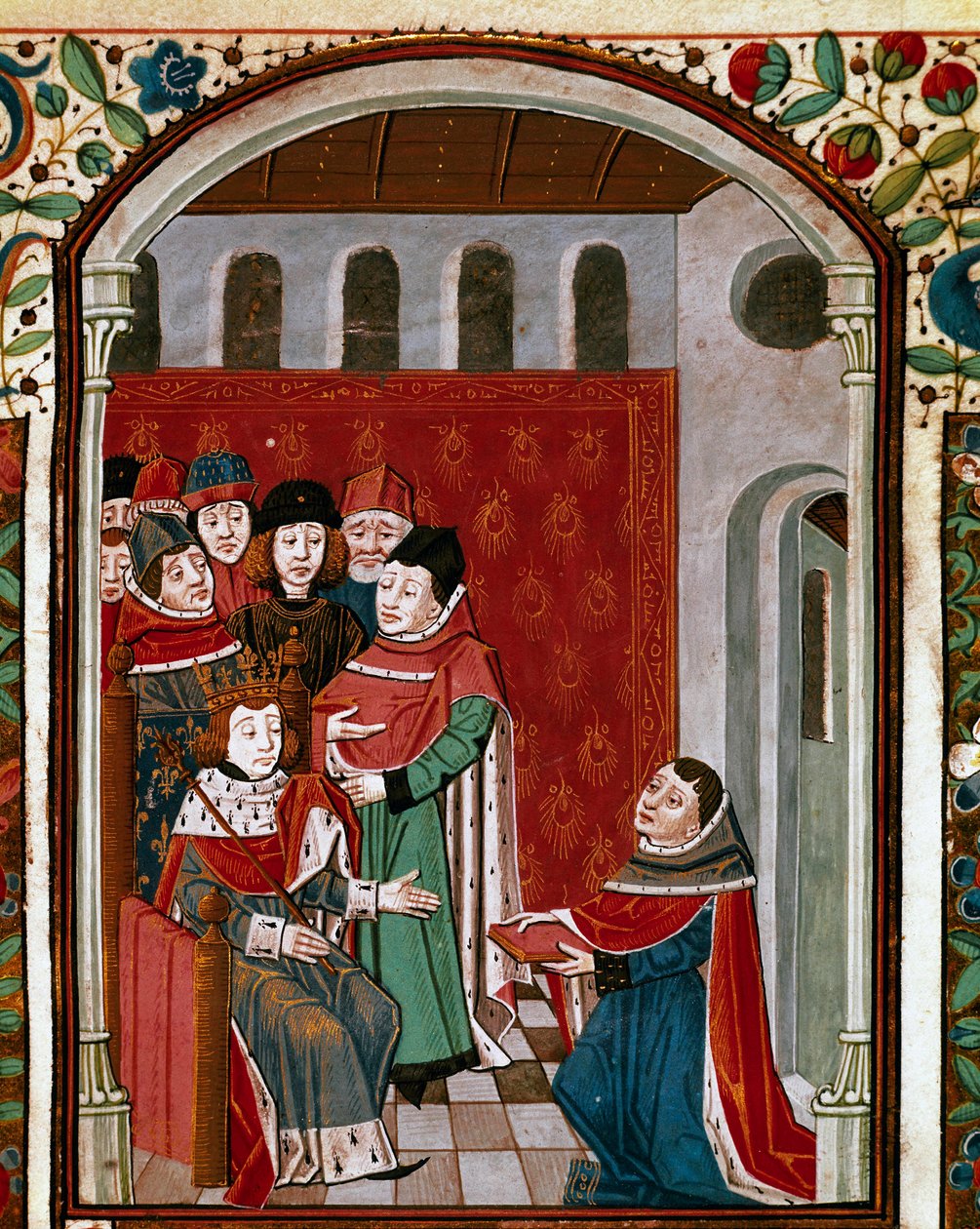 Překladatel John de Meung (neboli Clopinel či Chopinel) (1240-1305) daruje své dílo králi Filipu IV. krásnému (1268-1314). Miniatura převzatá z „“De Consolatione Philosophiae““ od latinského filozofa Boece (Boetius) (475–520), přeložil Jean d. od French School