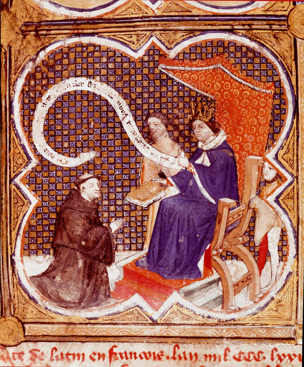 Překladatel nabízí svou knihu králi Karlu V. (1338-1380) Miniatura převzatá z „Le livre des proprietes des Chooses“ (De proprietatibus rerum) od Angličana Barthelemyho v překladu Johna Corbichona. 15. století. Remeš, Městská knihovna od French School
