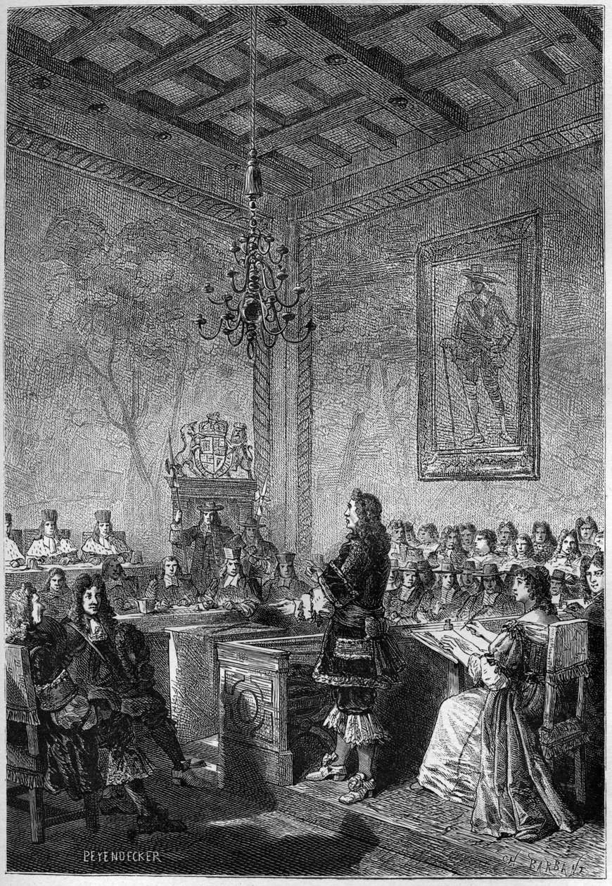 Proces s lordem Williamem Russellem (1639-1683) - rytina z „Dějin Anglie, od nejstarších dob“ od Francoise Guizota 1877 od French School