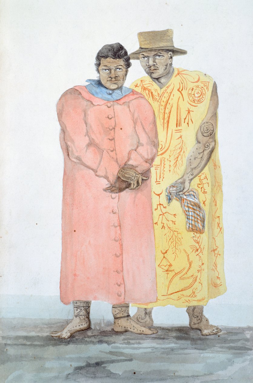 Dva králové Bora Bora, Ilustrace z cesty Ludvíka I. Duperreyho, LF Lejeune, akvarel od French School