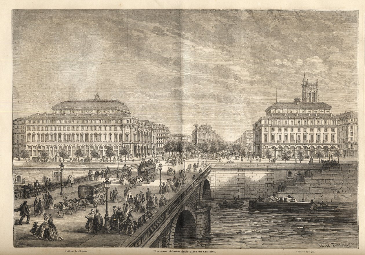 Dvě nová divadla na Place du Chatelet v Paříži v roce 1862 – rytina z „Le monde illustrious““ 1862 od French School