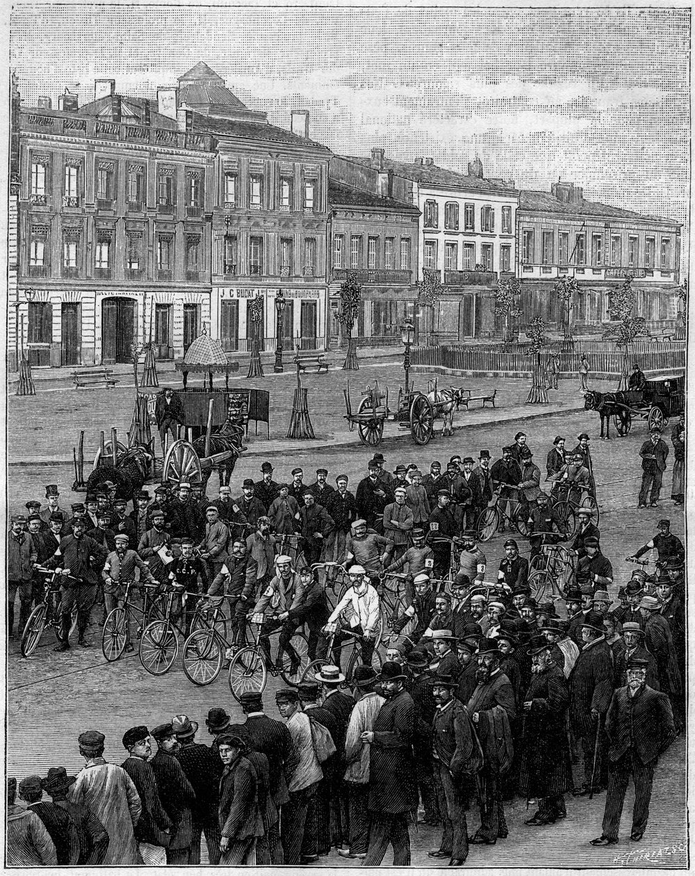 Závod velocipedů z Bordeaux do Paříže: velocipedisté odjíždějí z Bordeaux 23. května 1891 v 5 hodin ráno Rytina v „“ La Nature. Revue des sciences et de ses applications aux arts et a l