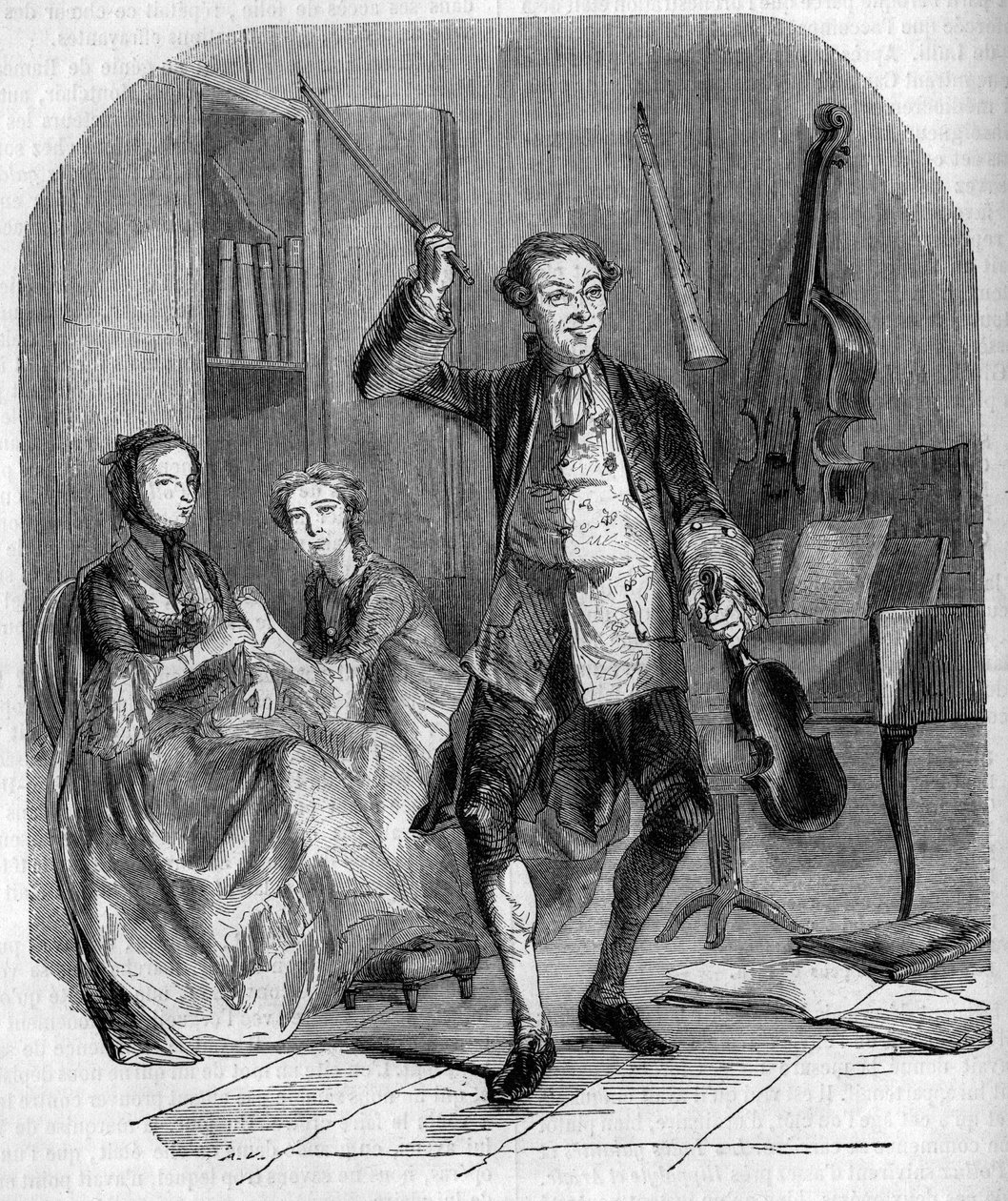 Houslista a skladatel Jean Philippe (Jean-Philippe) Rameau (1683-1764) komponoval obklopený členy své rodiny. Rytina Andrieux od French School