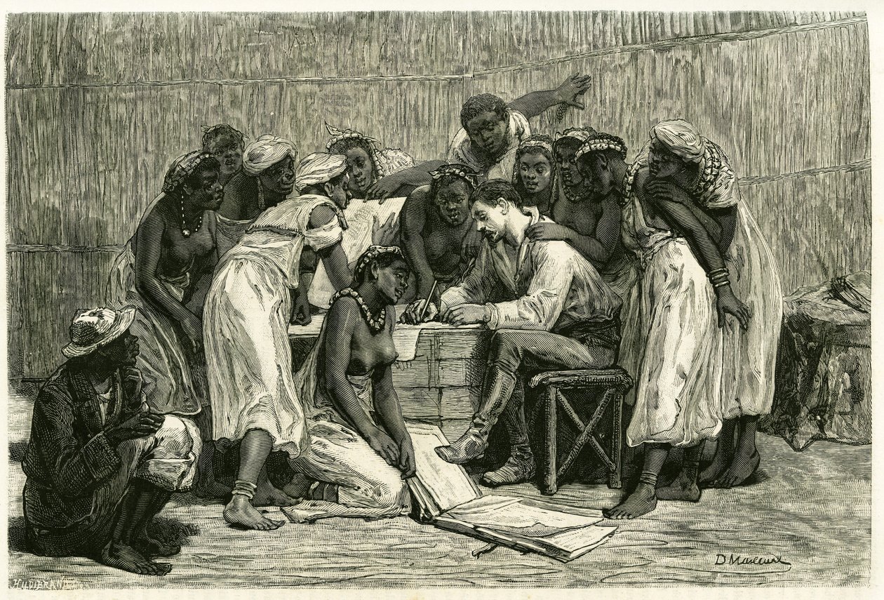 Návštěva královen, šestnácti manželek krále Sepopa, v lóži Dr. Holuba. Rytina D.Maillarda pro ilustraci příběhu „Au pays des Marutses“ v letech 1875-1879 od Dr. Emile Holuba (1847-1902). Publikováno v Tour du monde, 2. semestr 1883, redakčně upraveno od French School