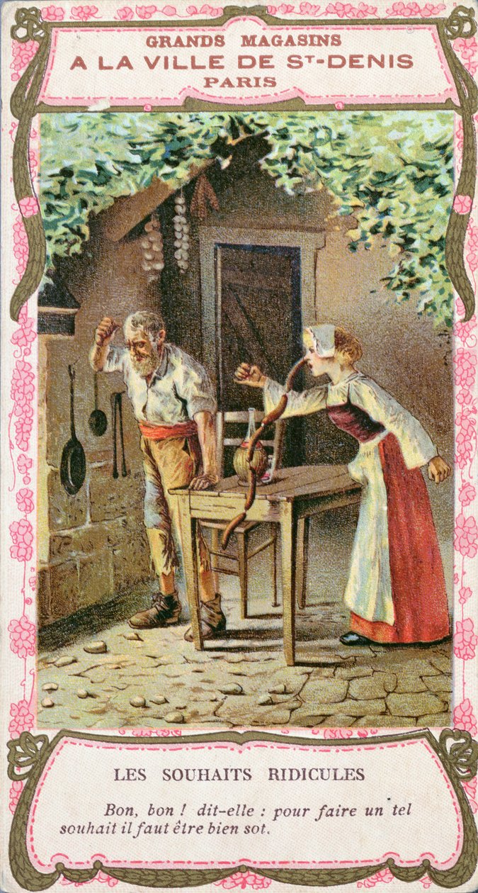 Manželka s klobásovým nosem, ilustrace Perraultovy pohádky Tři přání (Les Trois Souhaits), konec 19. stol. od French School