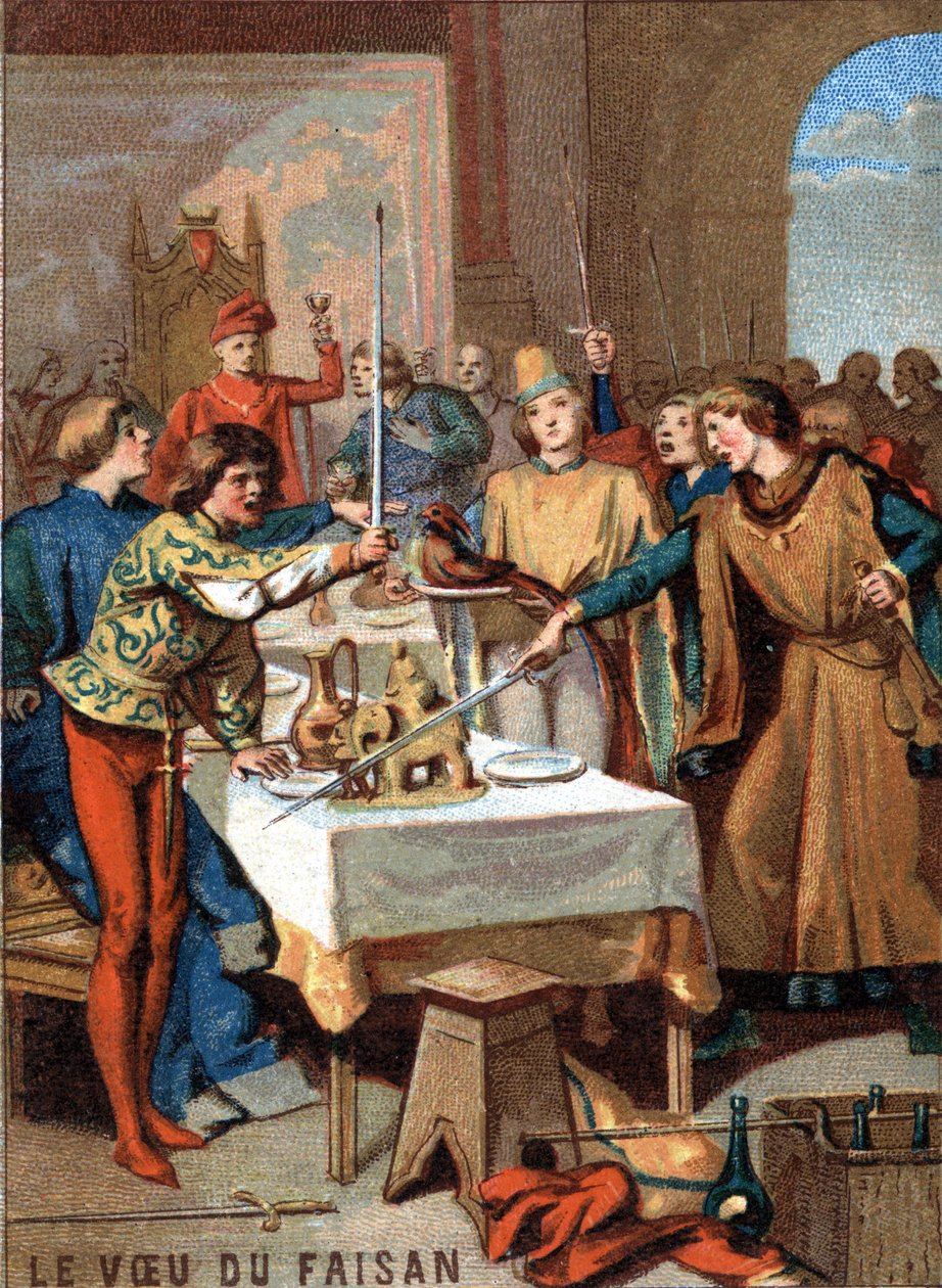 Přání bažanta (1454): při hostině organizované Filipem III. Dobrým, vévodou burgundským, přísahají hosté na bažanta ozdobeného náhrdelníkem z perel, že vyhubí Turka. Chromolitografie řady „“ Vlastenecká výchova přes I od French School