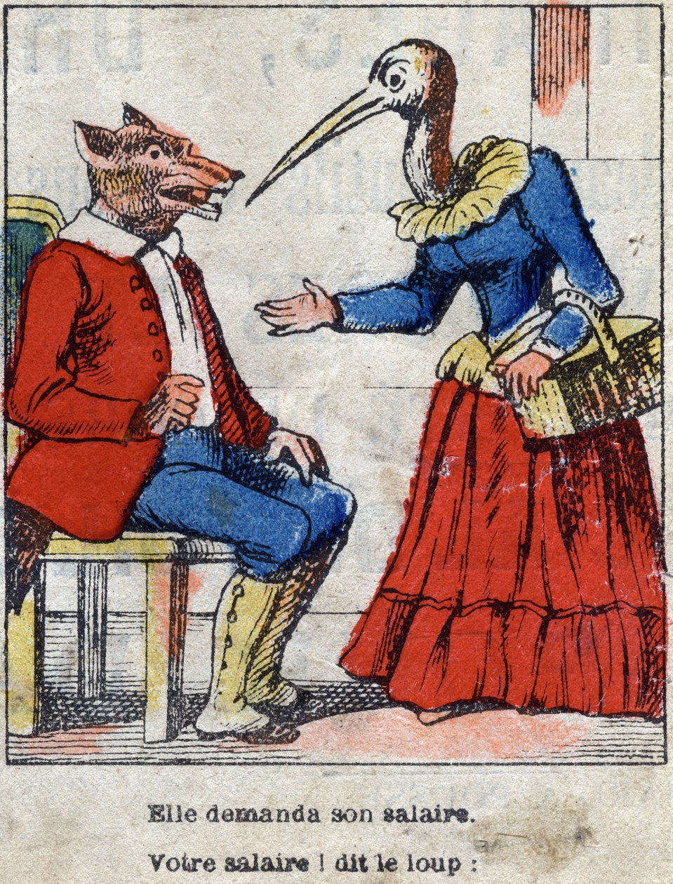 Vlk a čáp. Bajky Jean de La Fontaine (1621-95). Epinal zobrazování z konce 19. století. od French School