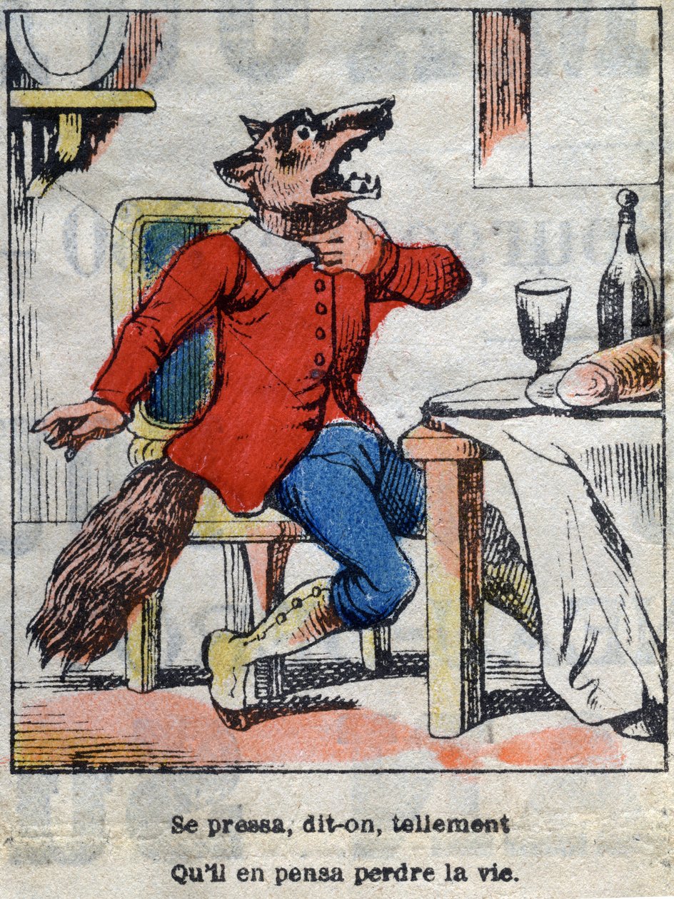 Vlk a čáp. Bajky Jean de La Fontaine (1621-95). Epinal zobrazování z konce 19. století. od French School