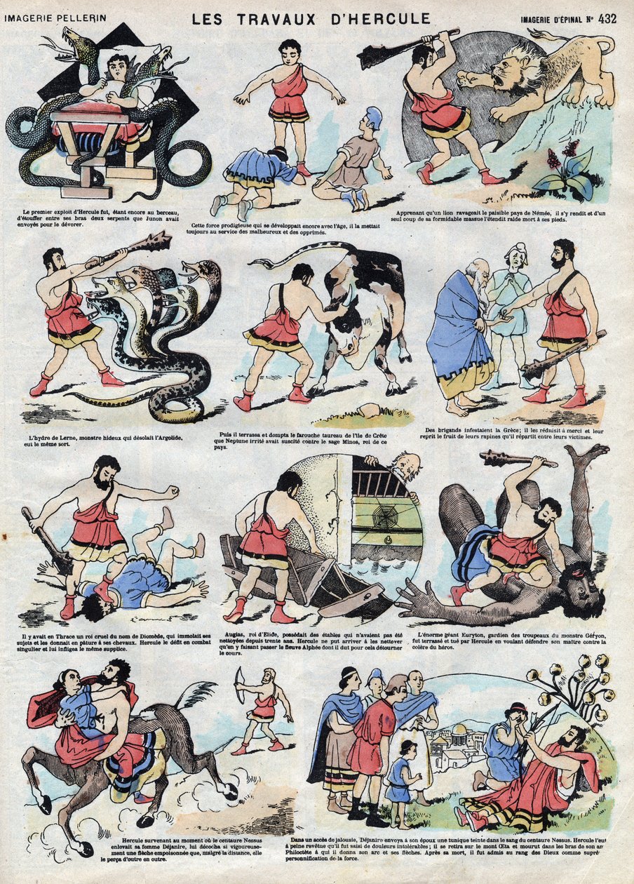 Díla Herkula (Hérakles). V římské a řecké mytologii je Hercules hrdinou: ještě jako dítě dusí dva hady holýma rukama ve své posteli a dává svou sílu do služeb nešťastníkům, poráží lva Nemee svým kyjem, zabíjí Hyda od French School