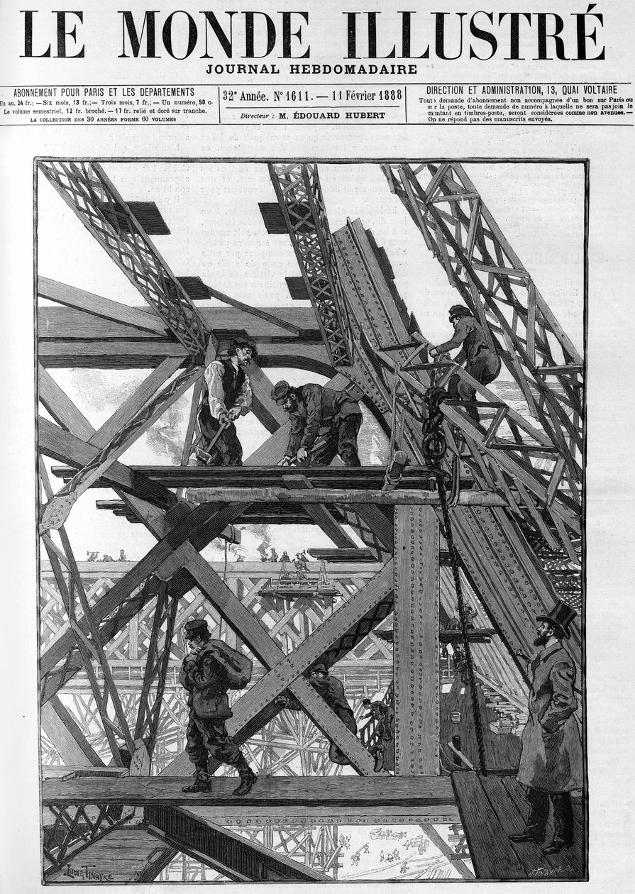 Díla Eiffelovy věže pro světovou výstavu z roku 1889, dělníci jsou padesát metrů nad zemí. V „The Illustrious World“ z roku 1888. od French School
